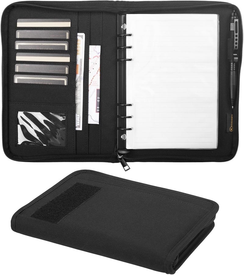‎KOSIBATE Tactical Notebook Padfolio Ring Binder with 80 Sheets, Tactical Binder Zippered for Folders, Cards Refillable 6-Ring Notepad,Army Military Waterproof Notebook Cover(Black,7.3"x10.1") - Image 1
